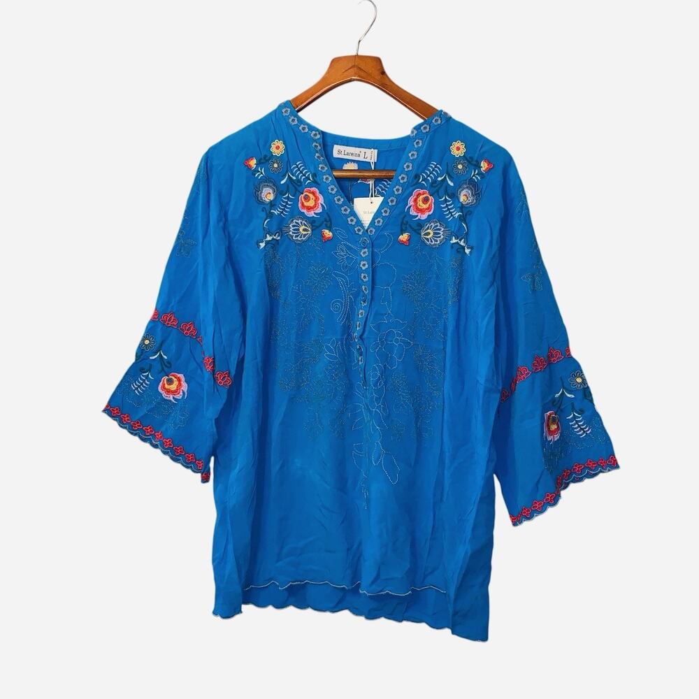 NEW St. Lareina Embroidered Tunic Top Blue Boho Hippie Soft L